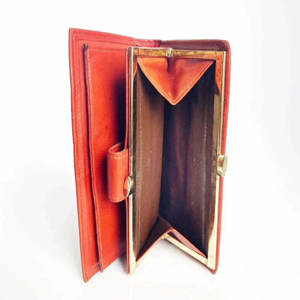 Vintage Anne Klein Wallet Checkbook Holder Bifold Rust Leather Kiss Lock